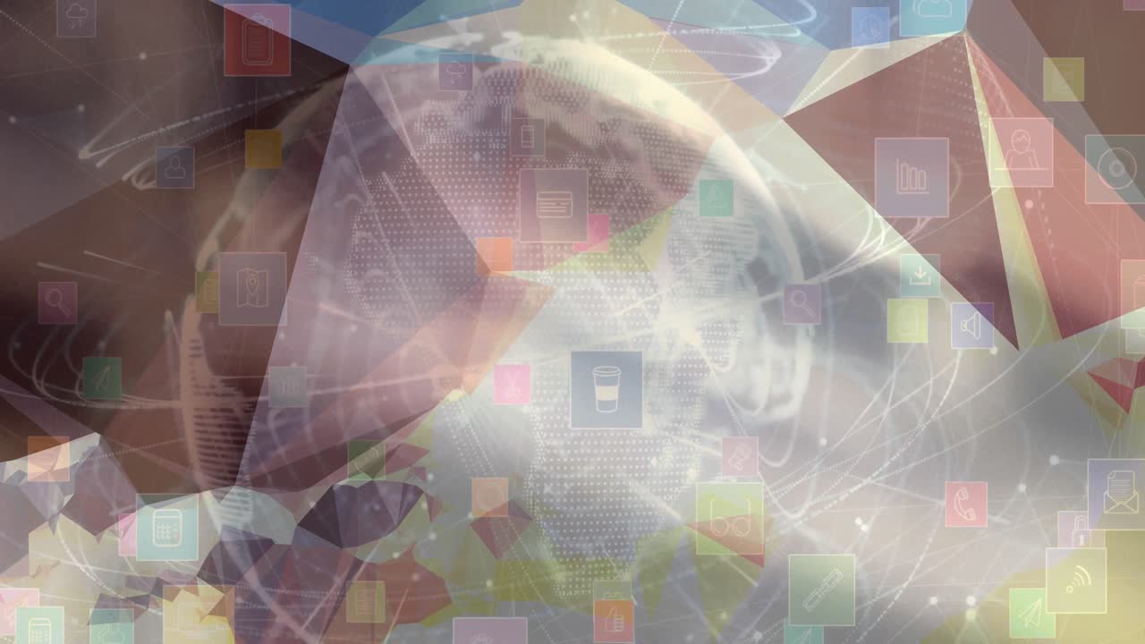 흐릿한 배경 위에 디지털 아이콘이 있는 지구의 애니메이션