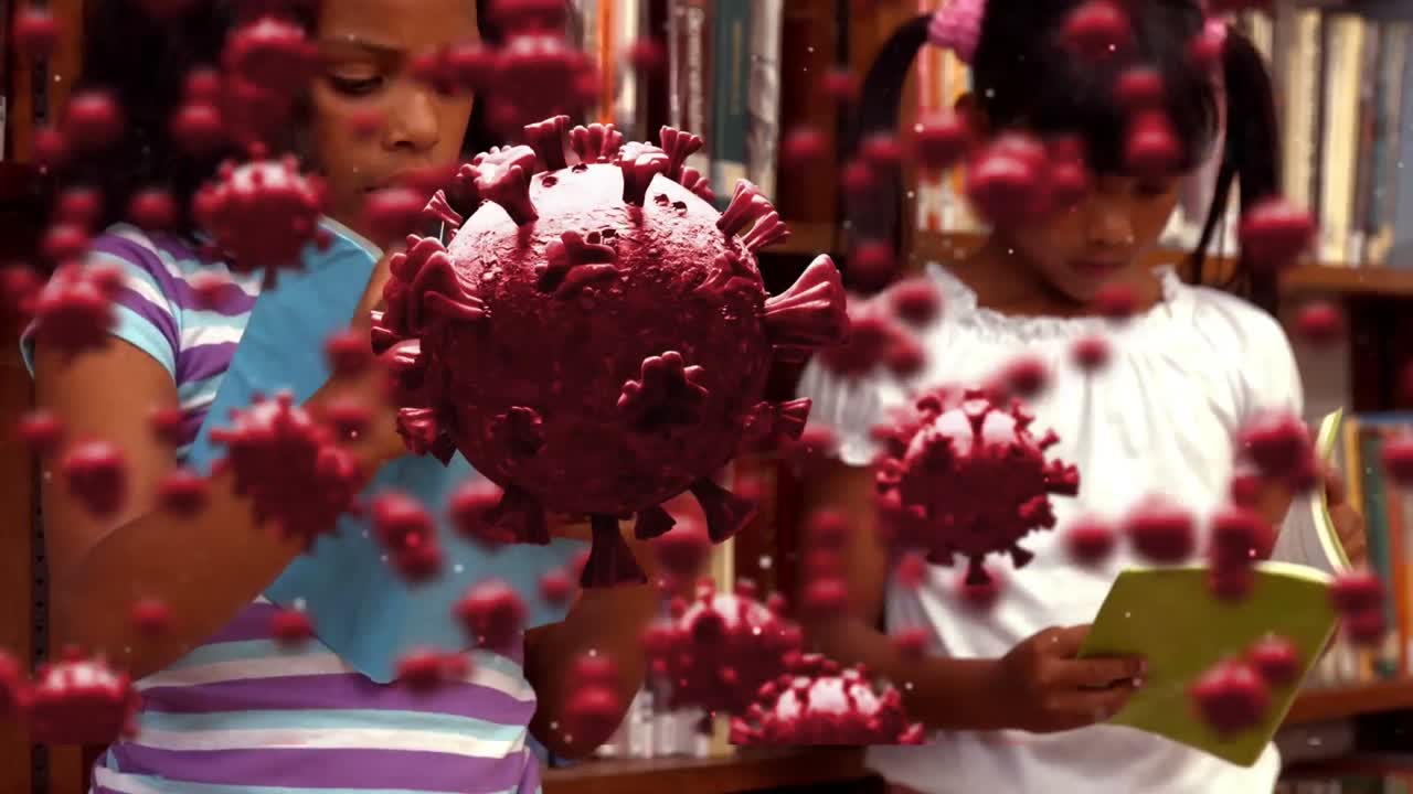 Animation of macro covid 19 cells over schoolchildren reading in library