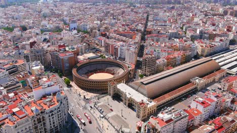 valencia: aerial view of famous city in spain, corrida arena bullring of valencia (plaça de bous de valència) in historic centre of city - landscape panorama of europe from above