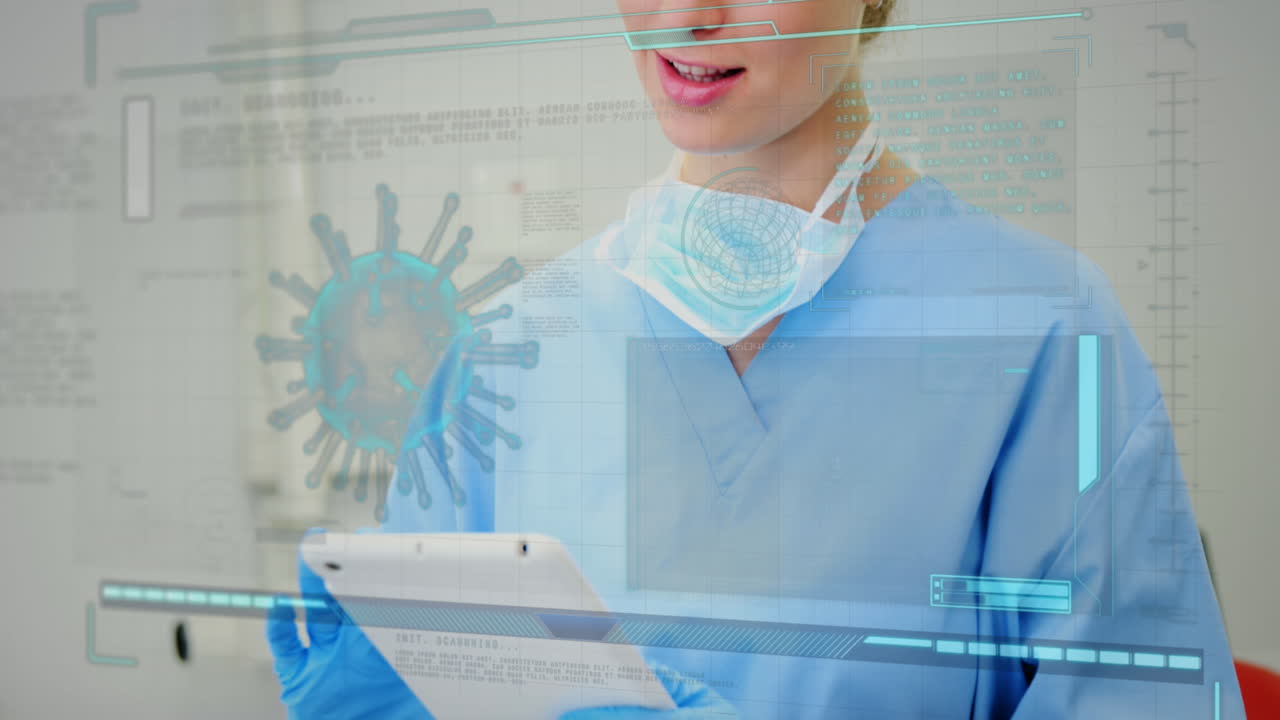 animación de una doctora caucásica con una tableta sobre el procesamiento de datos