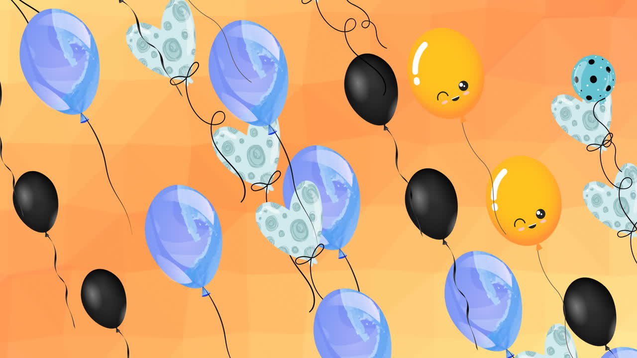 Animazione di palloncini colorati con volti che volano su sfondo arancione