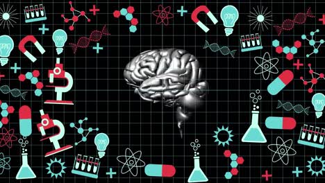 spinning brain against science concept icons on black background