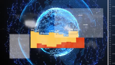 Animation-of-world-map-and-data-processing-against-spinning-globe-and-network-of-connections