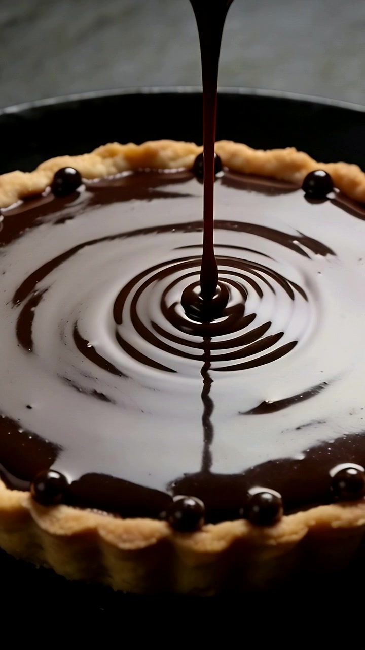 Vertical video: Pouring ganache from spout onto tart with pearls on black plate making glossy glaze