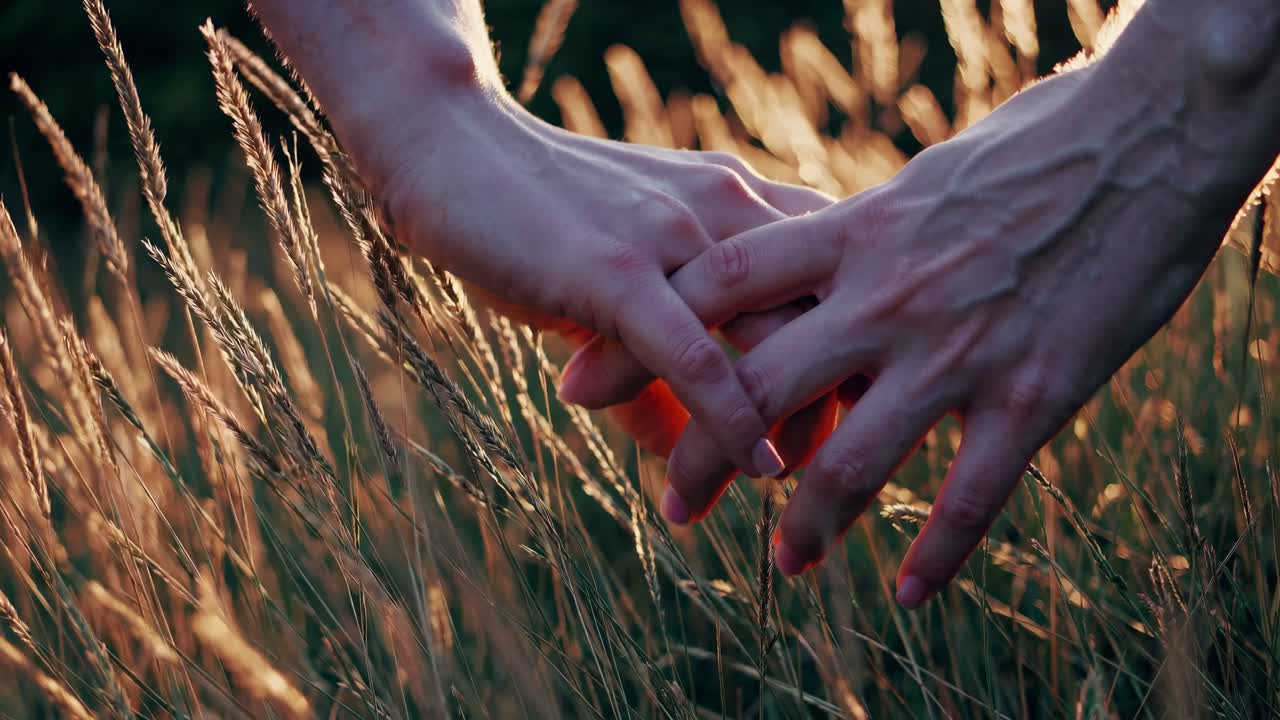 Close-up video of two hands gently touching in a sunlit field, captured from a low angle