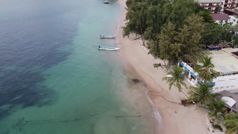 descending drone shot of a beach in koh tao thailand with palm trees and small waves on the sand