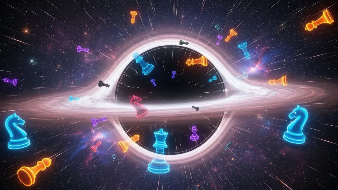 A Cosmic Chess Match: Exploring the Intersection of Strategy and Space Amidst a Black Hole and Floating Chess Pieces