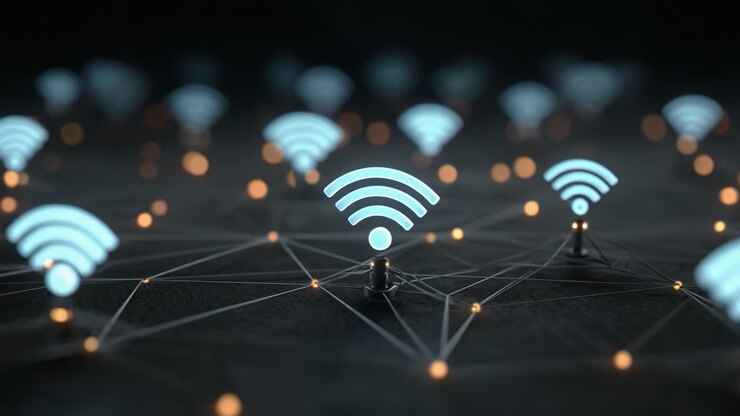 Visualizzare la connettività: una rete di segnali Wi-Fi con nodi illuminati che rappresentano le moderne tecnologie di comunicazione