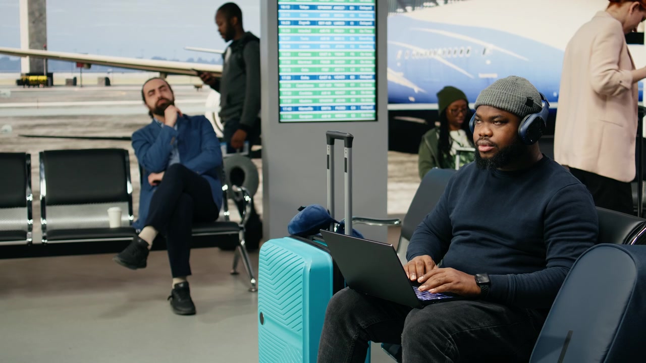 Uomo afroamericano in abbigliamento casual che lavora al laptop vicino al gate dell'aeroporto.