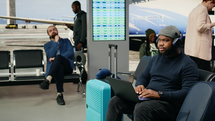 Uomo afroamericano in abbigliamento casual che lavora al laptop vicino al gate dell'aeroporto.