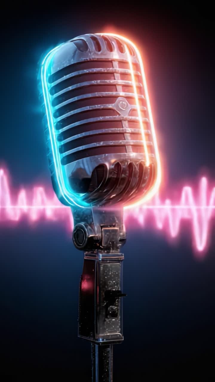 Un Microfono Vintage Luminoso con Onde Sonore Colorate, Catturando l'Essenza di una Performance Audio in una Splendida Presentazione Visiva