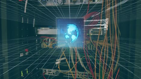 Animation-of-globe-and-data-processing-on-screen-over-computer-wires