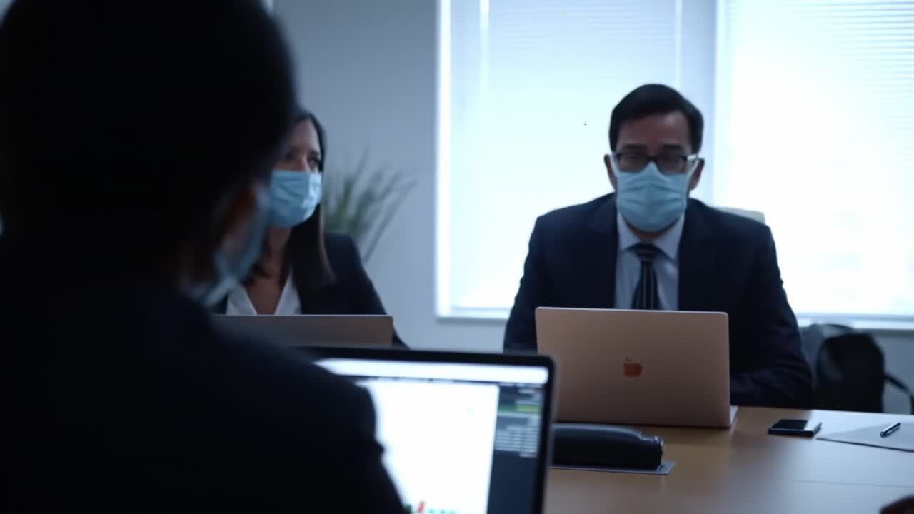 Business Discussion in a Modern Office: Professionals Collaborate on Strategies While Wearing Masks, Highlighting Workplace Health Protocols and Team Engagement