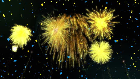 animación de confeti cayendo sobre fuegos artificiales de año nuevo amarillo en el cielo nocturno
