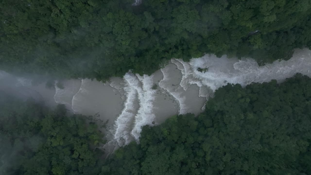 Overhead shot of famous semuc champey waterfall at Guatemala, aerial