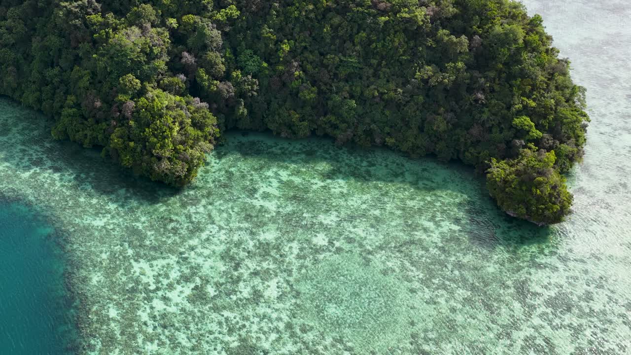 Droneopptak viser turkist vann og levende korallrev som omgir grønne kalksteinsøyer i Mikronesia