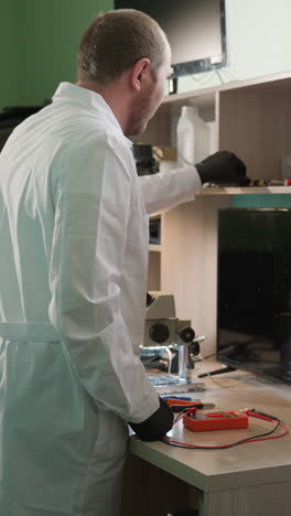 vista cercana de un técnico en una bata blanca de laboratorio organizando herramientas en un estante en un laboratorio, el técnico está organizando equipos