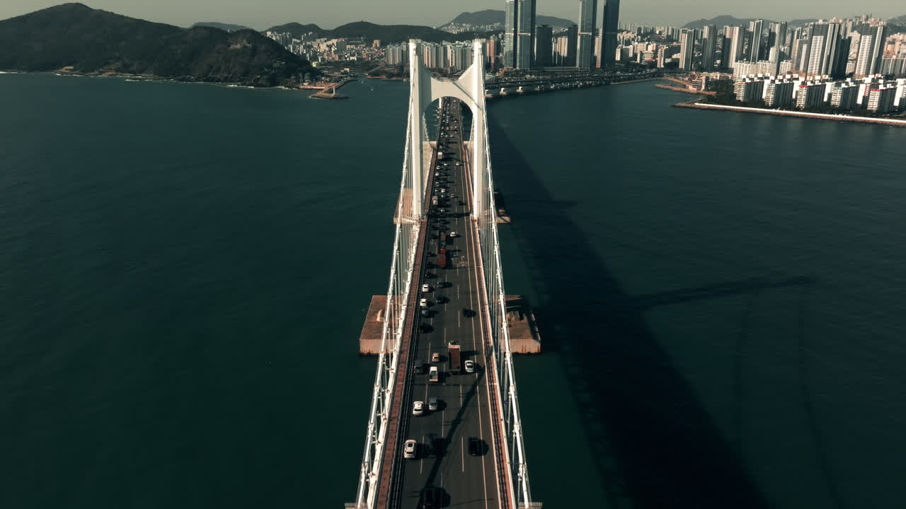 Cable-Stayed Bridge Over Water with Cityscape