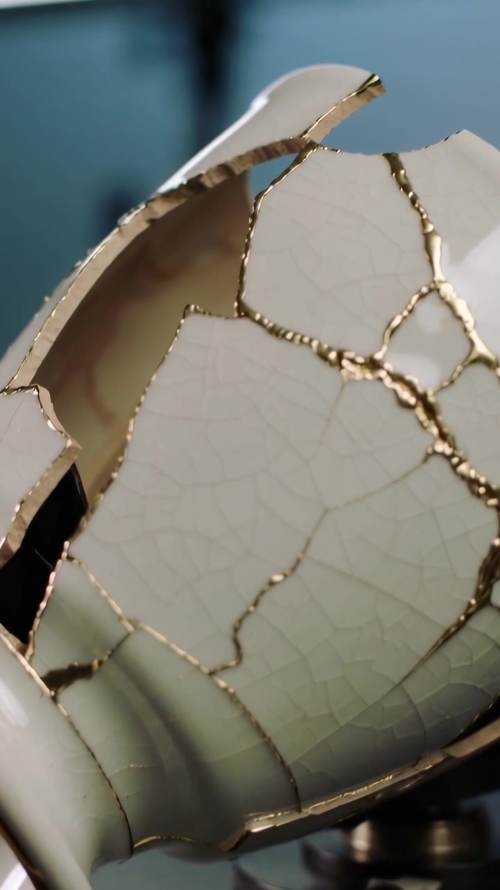 Vertical video: Rotating camera revealing white cup on table, showing gold seams, twig, clamp