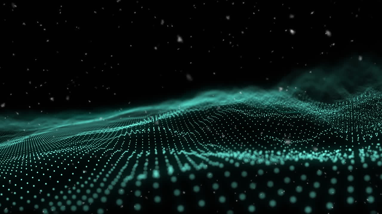 Animation of gold snow falling over blue moving wave
