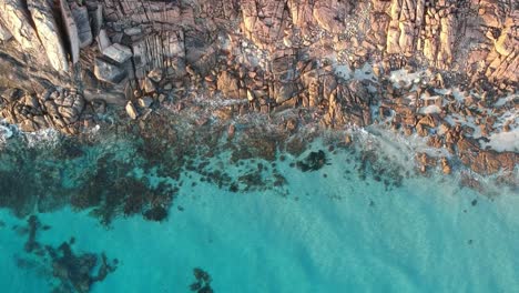 aerial drone topdown moving away from the ocean with crystal clear calm turquoise water in cape naturaliste, western australia