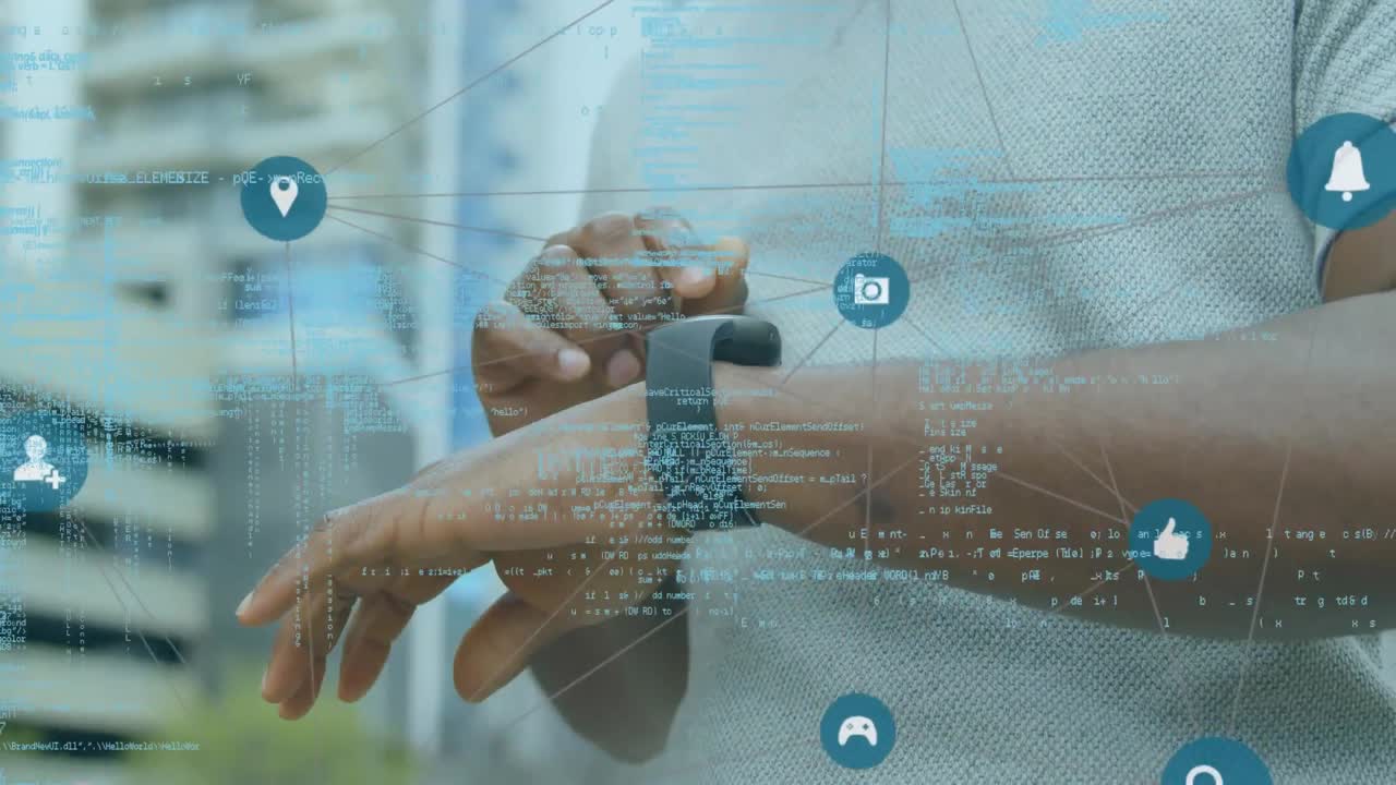 Web of connections icons and data processing against man using smartwatch