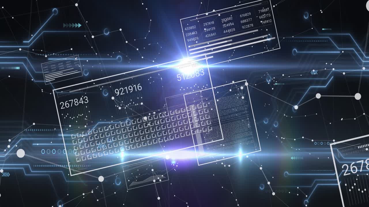 Animation of circuit board pattern over loading bars, squares and connected dots on black background