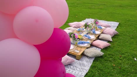 Picnic-De-Ensueño-En-El-Parque-De-Londres-Naturaleza-Rosa-Globos-Y-Almohadas-Con-Bebidas-Saludables-Flores-Decorativas-Cámara-Lenta