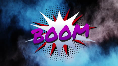 boom text on retro speech bubble against smoke exploding on black background