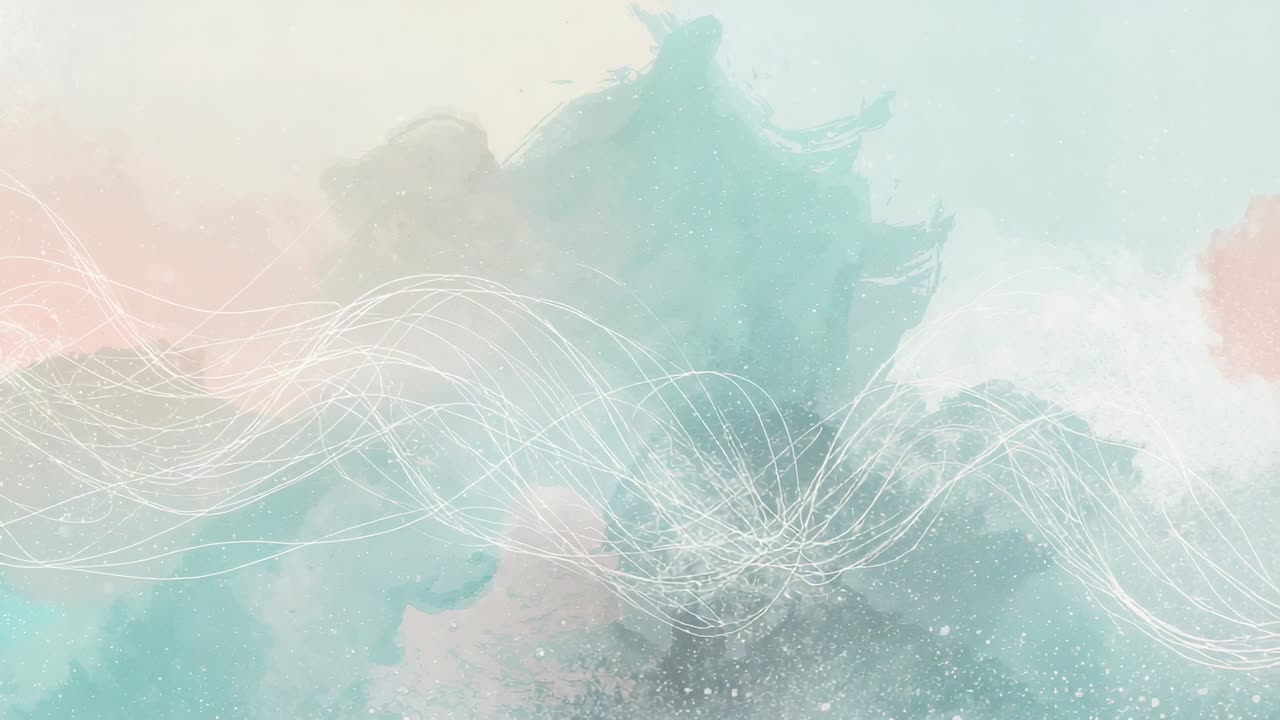 Initiating abstract white wave pattern over pink teal watercolor wash, illustrating rhythmic flow