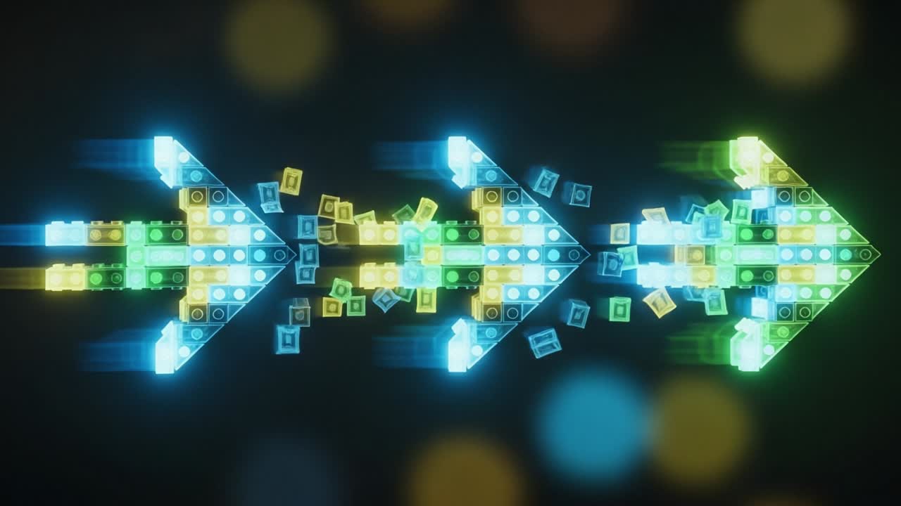 Dynamic Progression of Colorful Arrows Featuring a Vibrant Arrangement of Geometric Patterns and Light Elements in a Futuristic Presentation