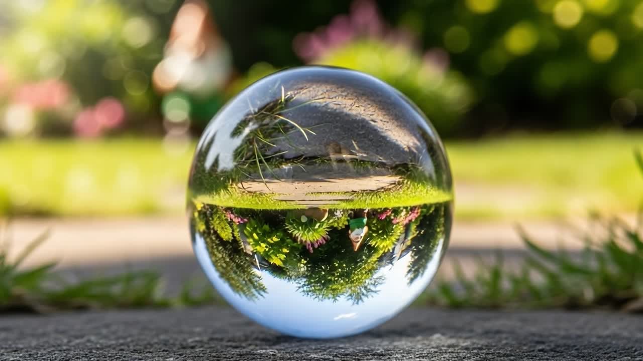 Captivating Reflection: A Stunning Crystal Sphere Showcasing a Lush Garden Scene with Vibrant Flora and Soft Background Imagery as Nature's Beauty is Revealed