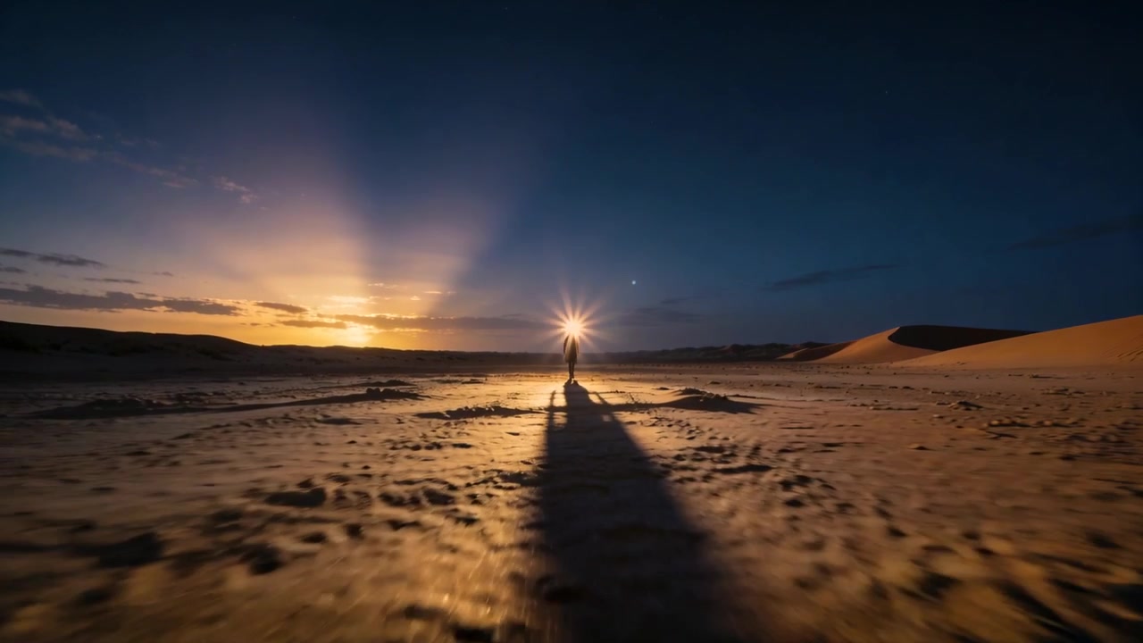 Sun brightening behind figure in light clothes, approaching camera on rippled sand with long shadow
