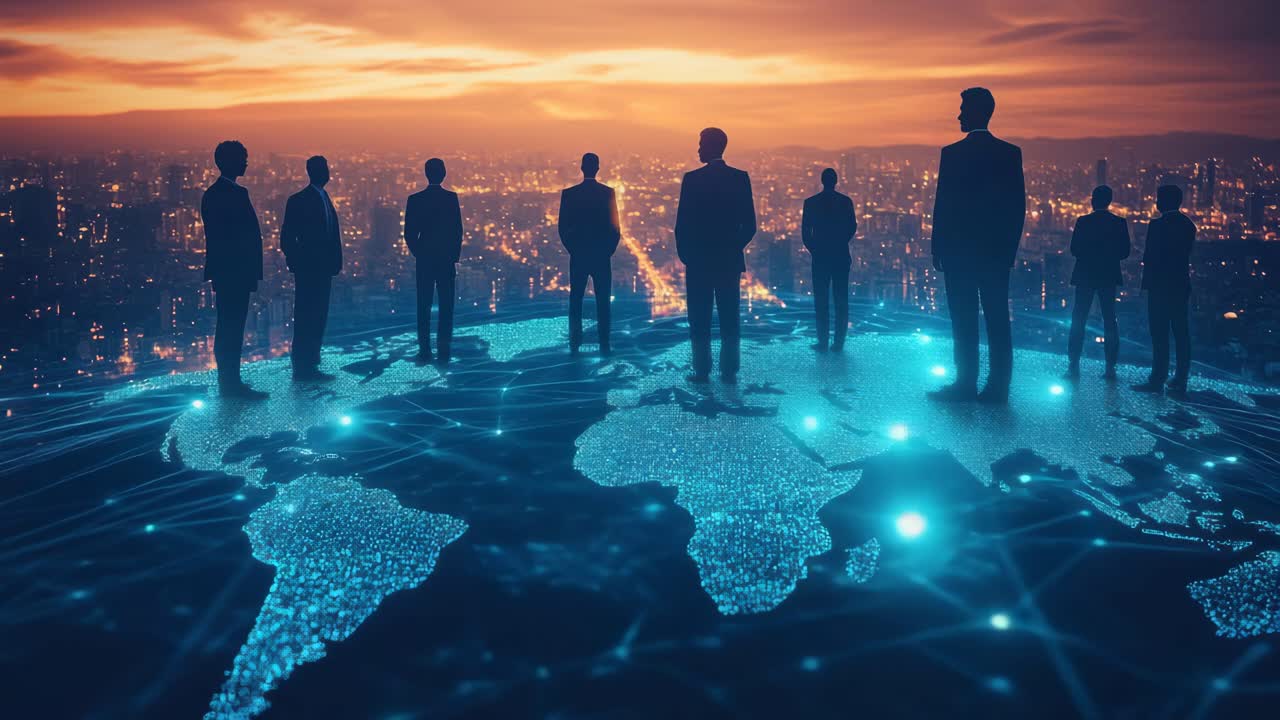 Silhouetted figures stand on a digital world map at sunset video. Live desktop wallpaper