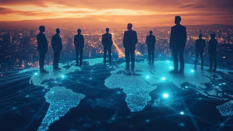 silhouetted figures stand on a digital world map at sunset video. live desktop wallpaper
