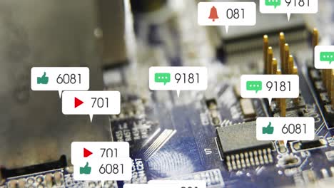 Animation-of-multiple-social-media-icons-against-close-up-of-a-motherboard