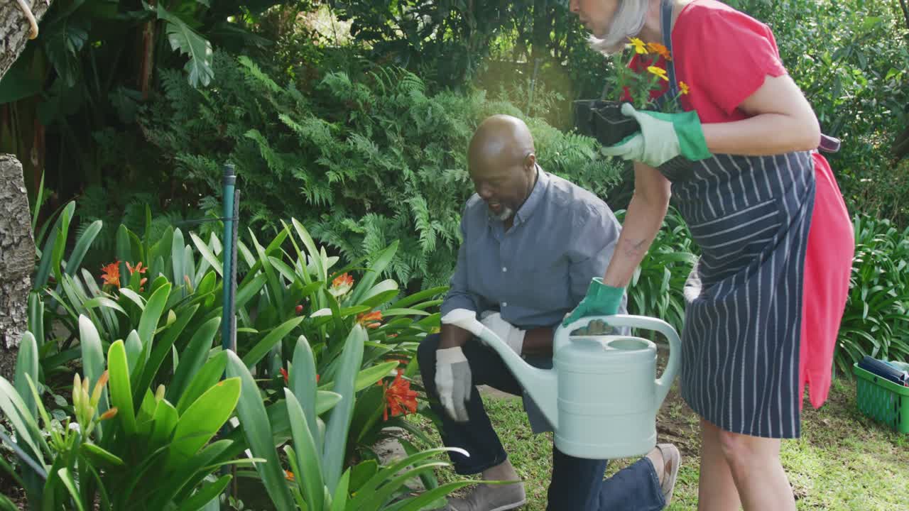 feliz pareja de ancianos diversos trabajando en el jardín
