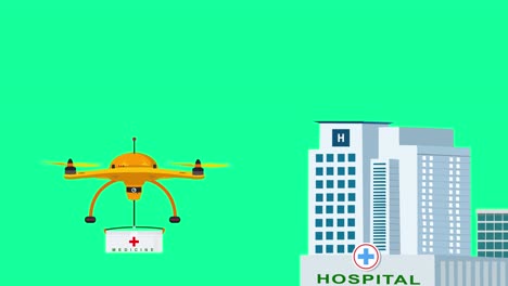 Una-Caricatura-O-Representación-Animada-De-Un-Dron-Que-Entrega-Suministros-Médicos-De-Emergencia-A-Un-Edificio-De-Hospital-Sobre-Un-Fondo-Verde