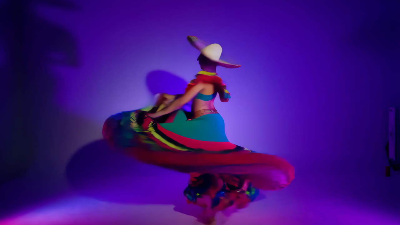 A woman in a traditional Mexican dress and sombrero is dancing