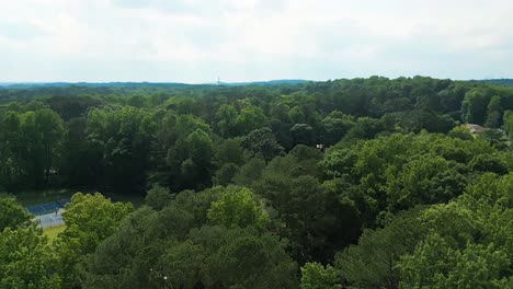 tennis court surrounded by lush green forest at nature park in georgia, usa. aerial shot
