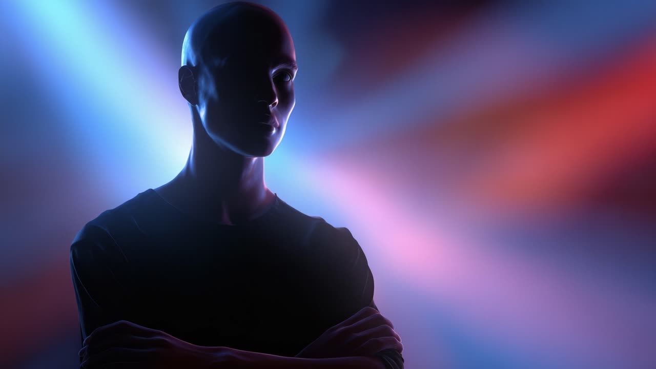 Una silhouette suggestiva di un manichino sotto luci colorate, che crea un contrasto drammatico tra ombre e tonalità vibranti in una composizione visiva artistica.