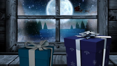 animación de regalos de navidad y ventana, con nieve cayendo, luna llena y el trineo de papá noel afuera.