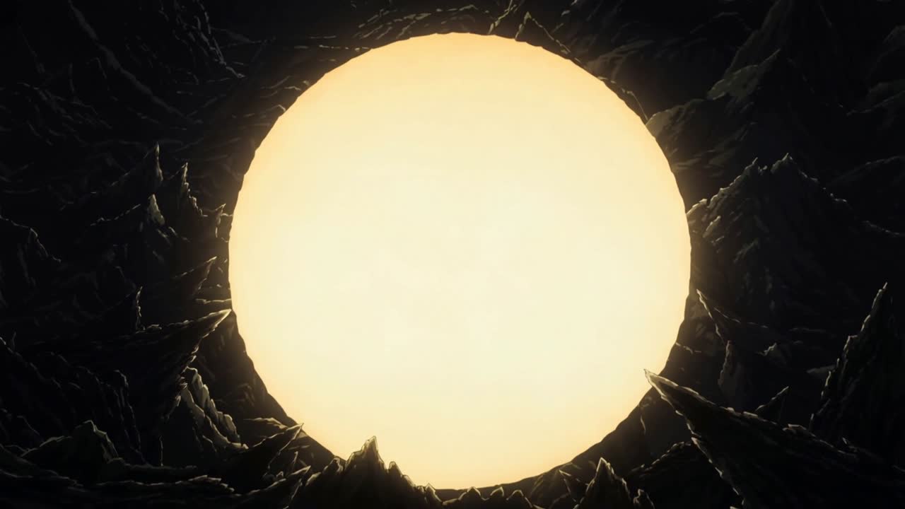 Brightening massive luminous orb revealing jagged rock rim in cavernous chamber, lighting halo glow