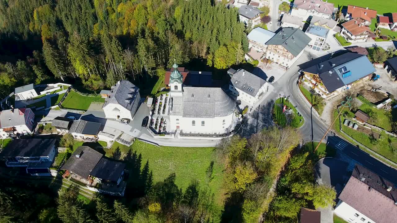 AERIAL, flight with the DJI Phantom 4 in Tyrol, wonderful view on Itter with the charm little church.