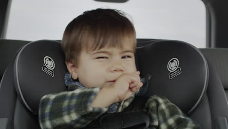 an active cheerful boy of two years rides in a child car seat