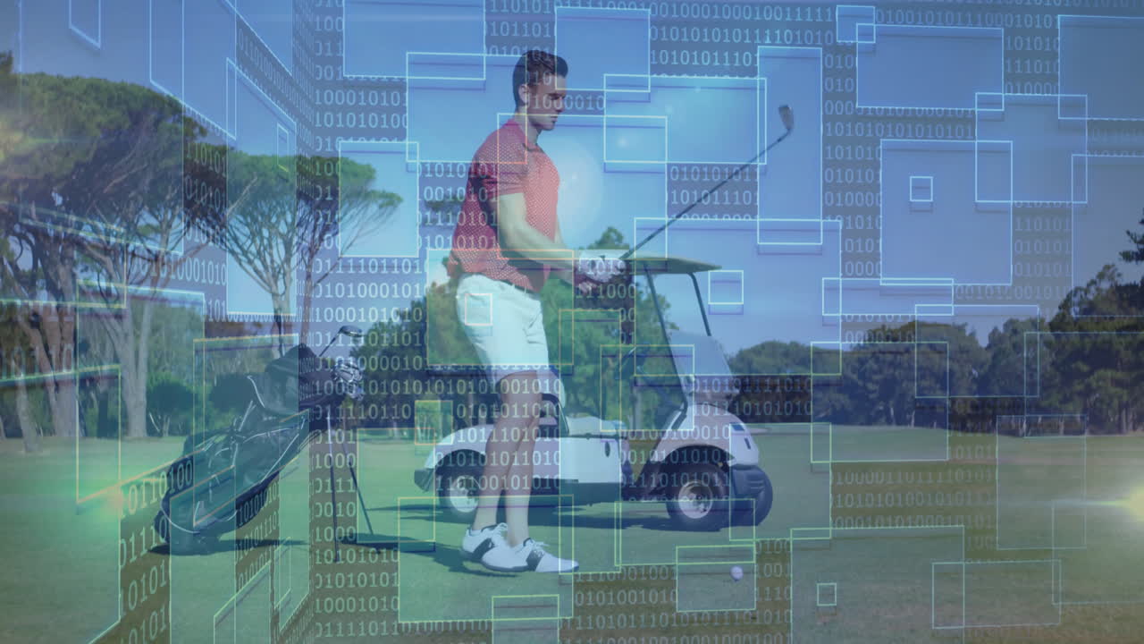 Male golfer preparing swing on sunny golf course tee box, overlaying technology UI graphics