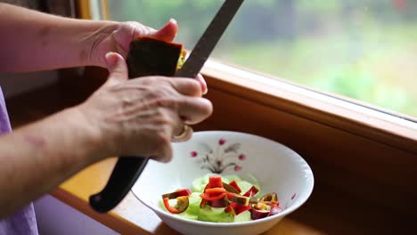 Cutting fresh organic paprika With Knife with Wrinkled Hands