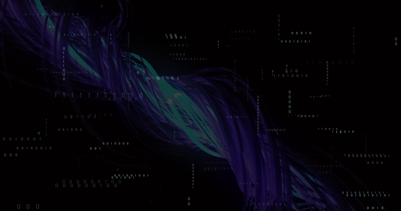 Binary digits drifting then emerging teal strand blending into purple ribbon showing data flow