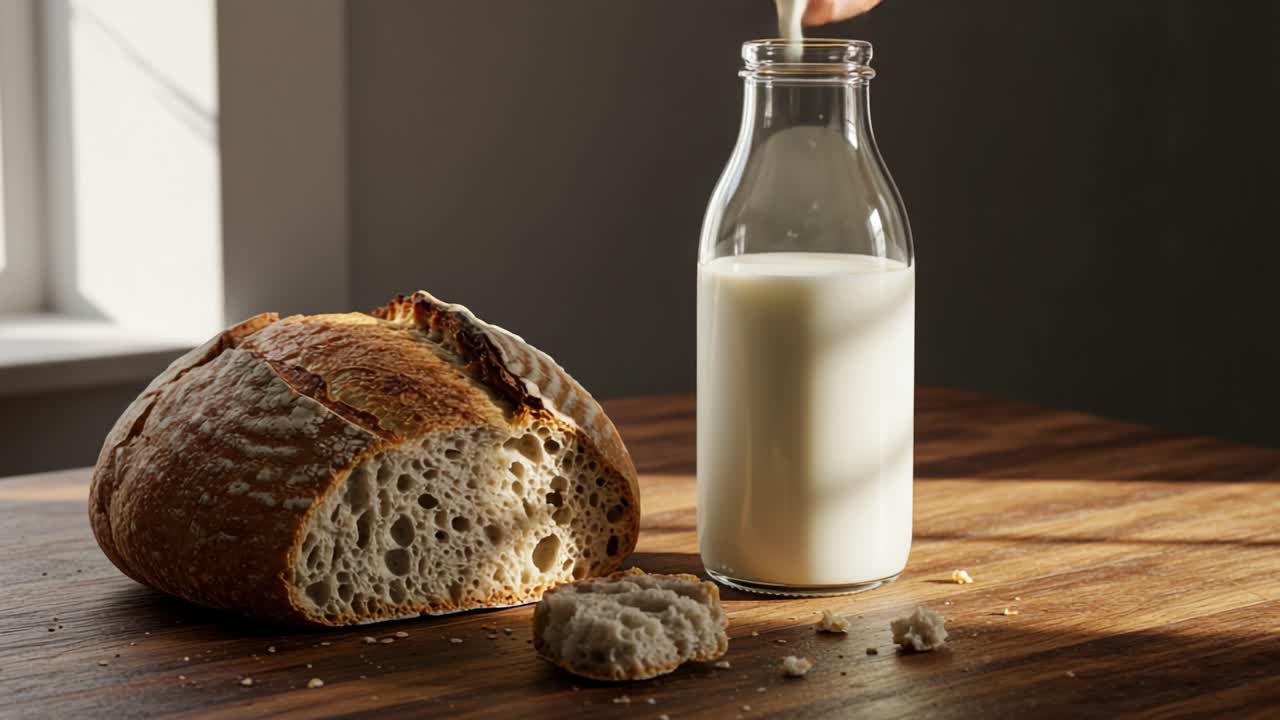 A Beautiful Still Life Featuring Freshly Baked Bread and Creamy Milk, Perfectly Captured in Soft Lighting That Highlights Their Textures and Colors
