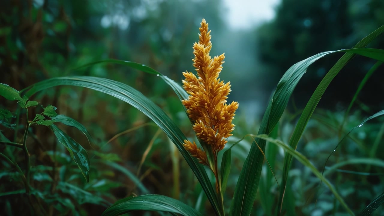 Levende Gylden Blomst, der Blomstrer Midt i Frodigt Grønt Løv i Tågede Omgivelser, Symboliserer Naturens Skønhed og Modstandsdygtighed i en Fredfyldt Ramme